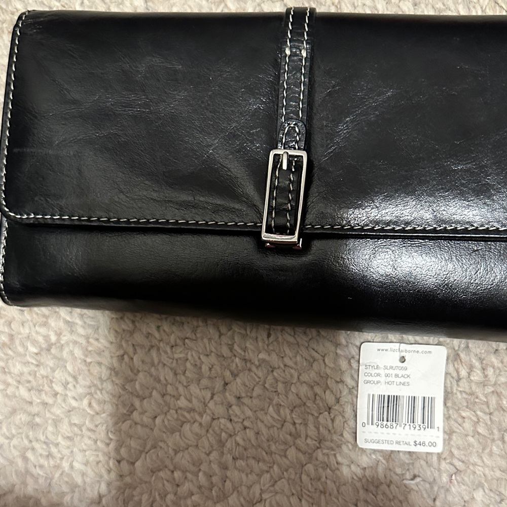 Black Leather Liz Claiborne Check Book Wallet with Silver Buckle.